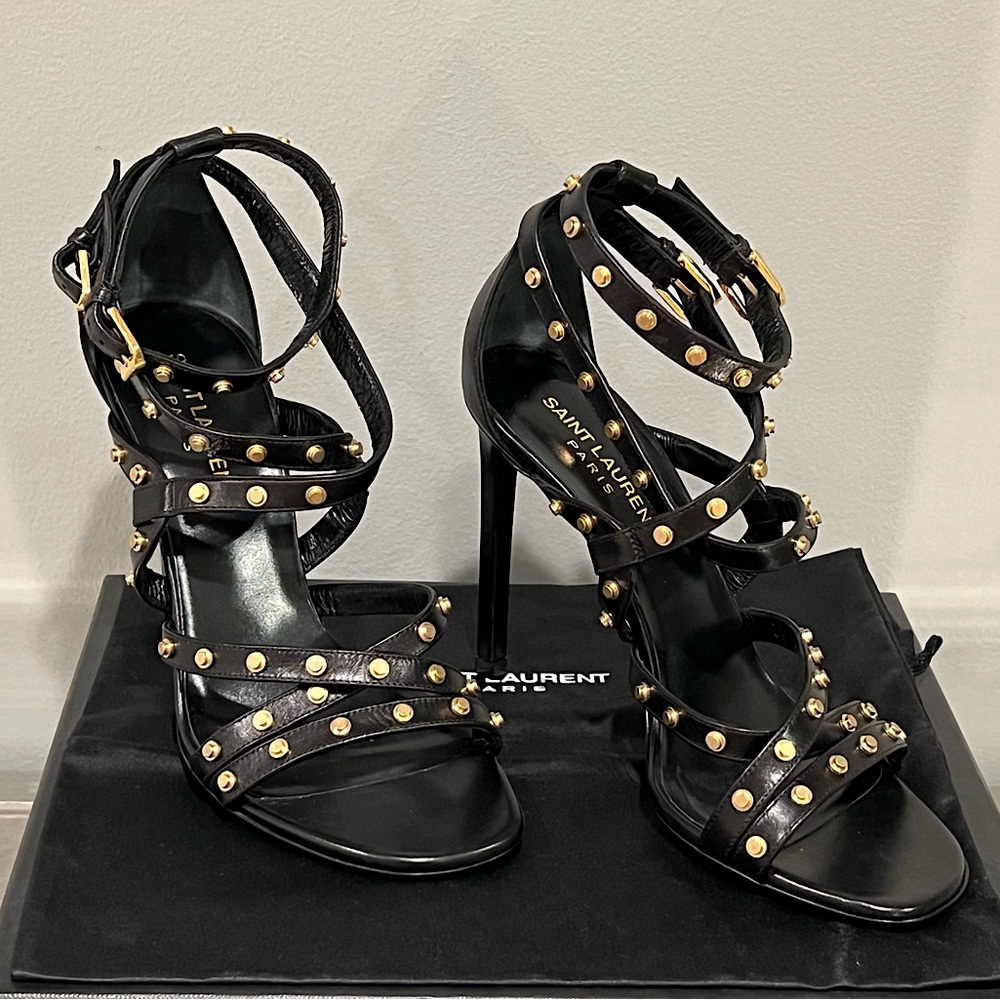 NWB YSL Seta Calf Leather Gold Stud Strap Heels NEVER WORN